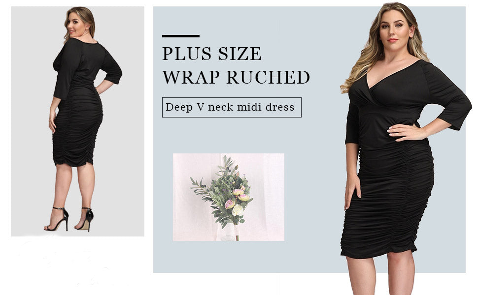 Plus Size Deep V Neck Wrap Ruched Waisted Bodycon Dress