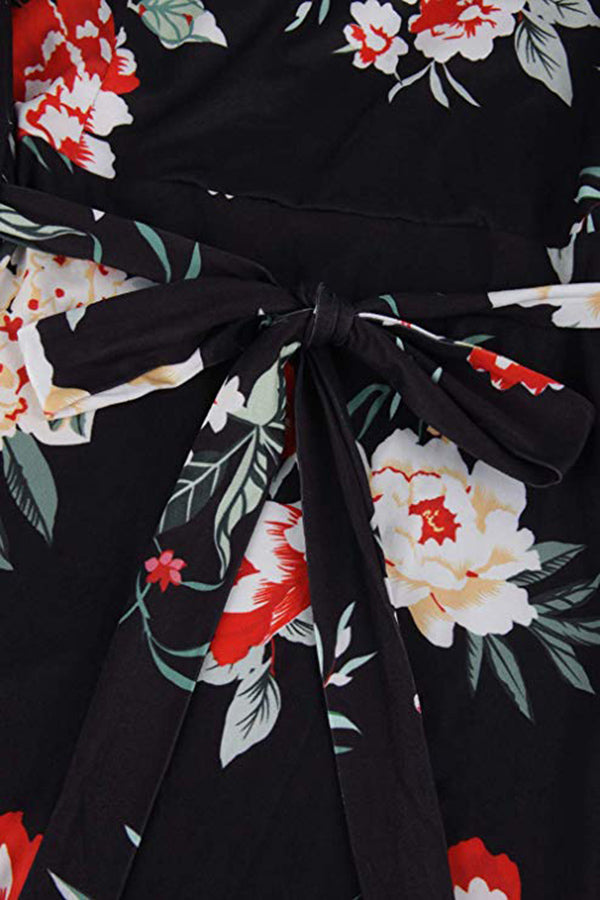 Plus Size 3/4 Sleeve Faux Wrap Floral Dress With Belt – Clorys