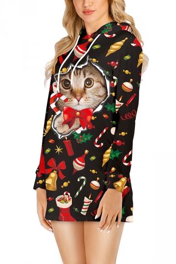 Womens Drawstring Christmas Cat Dress – Clorys