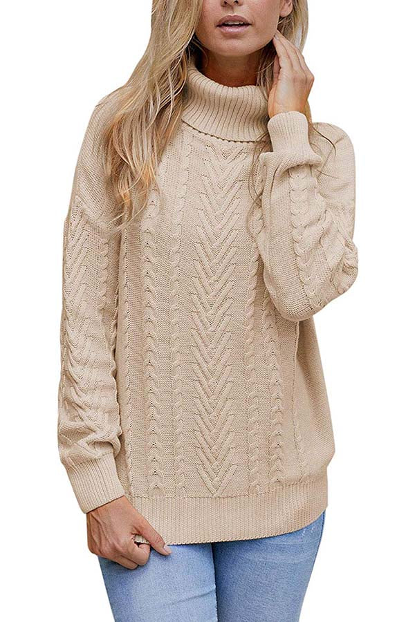 Women's 100% Cotton Turtleneck Ribbed Cable Knit Pullover Sweater – Clorys