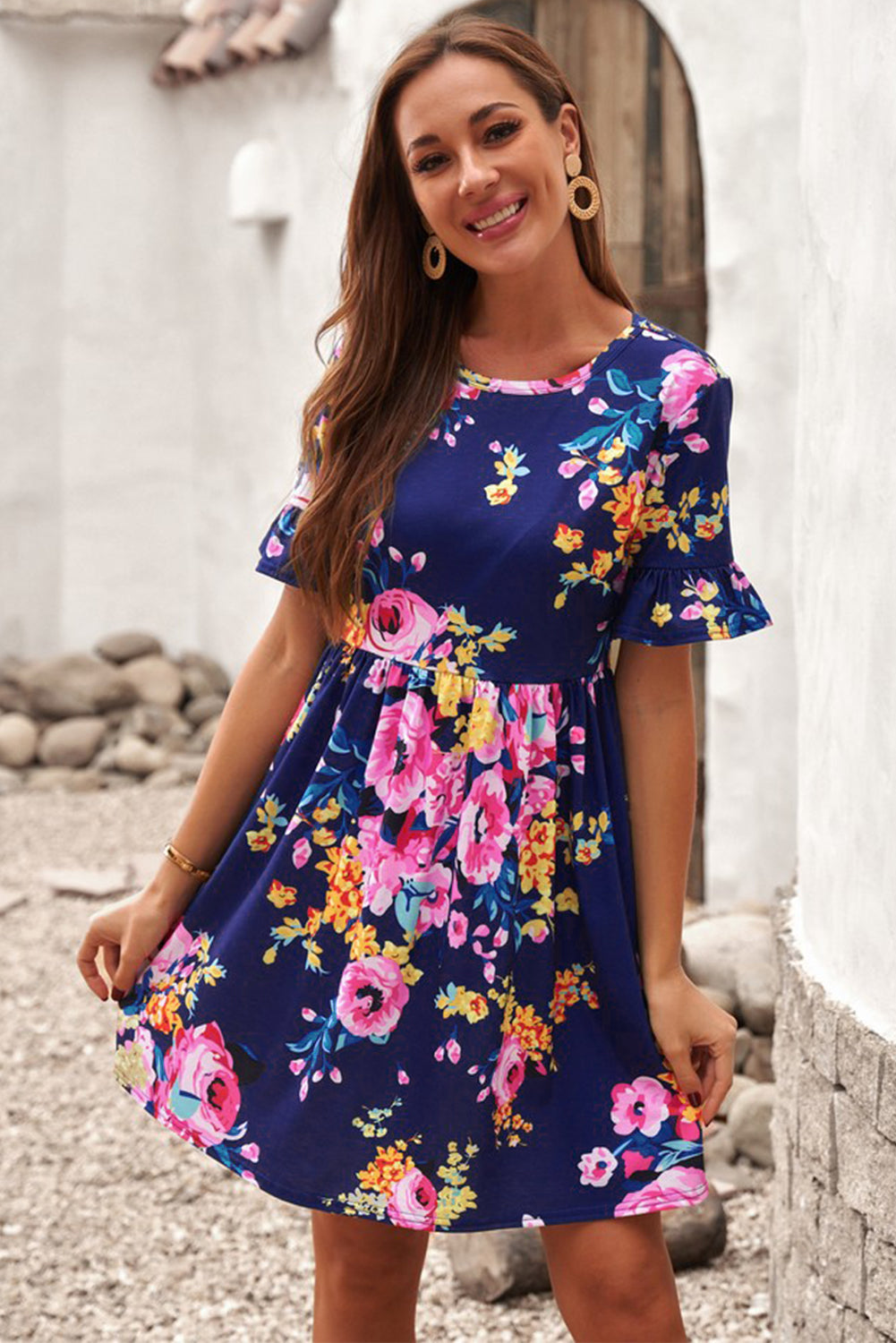 Ruffled Short Sleeve Floral Dress – Clorys