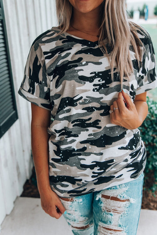 KaleaBoutique Bleach Splash Camo Print Short Sleeve Camouflage Top T S