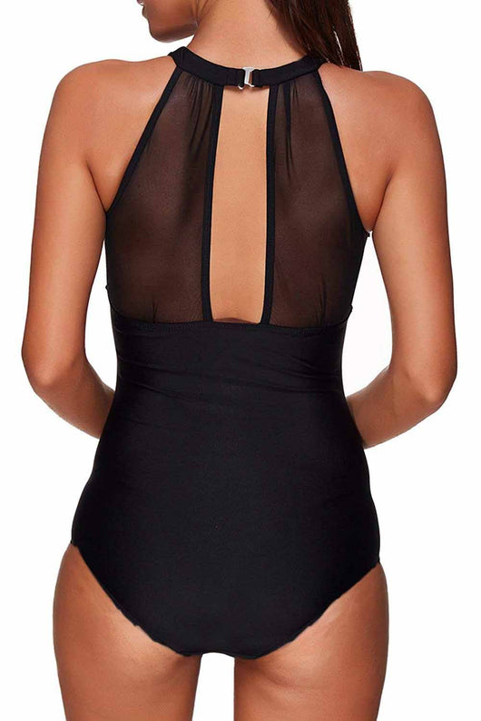 Black High Neck Mesh Push-up Tankini Swimwear –