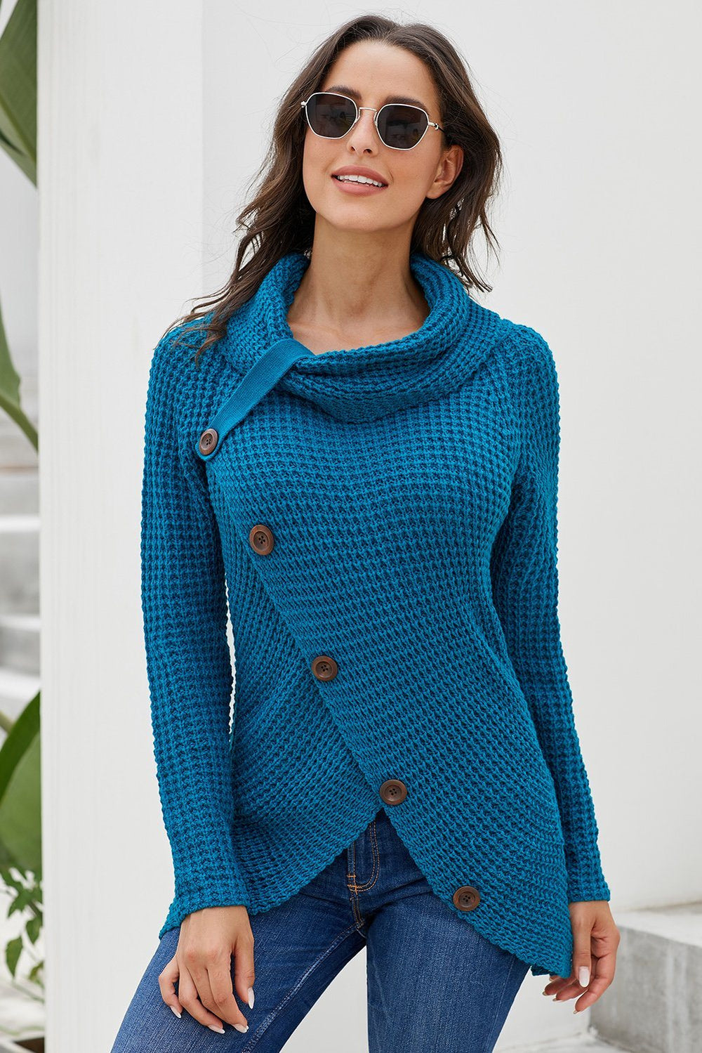 Women Blue Buttoned Asymmetrical Wrap Cowl Neck Knit Sweater ...