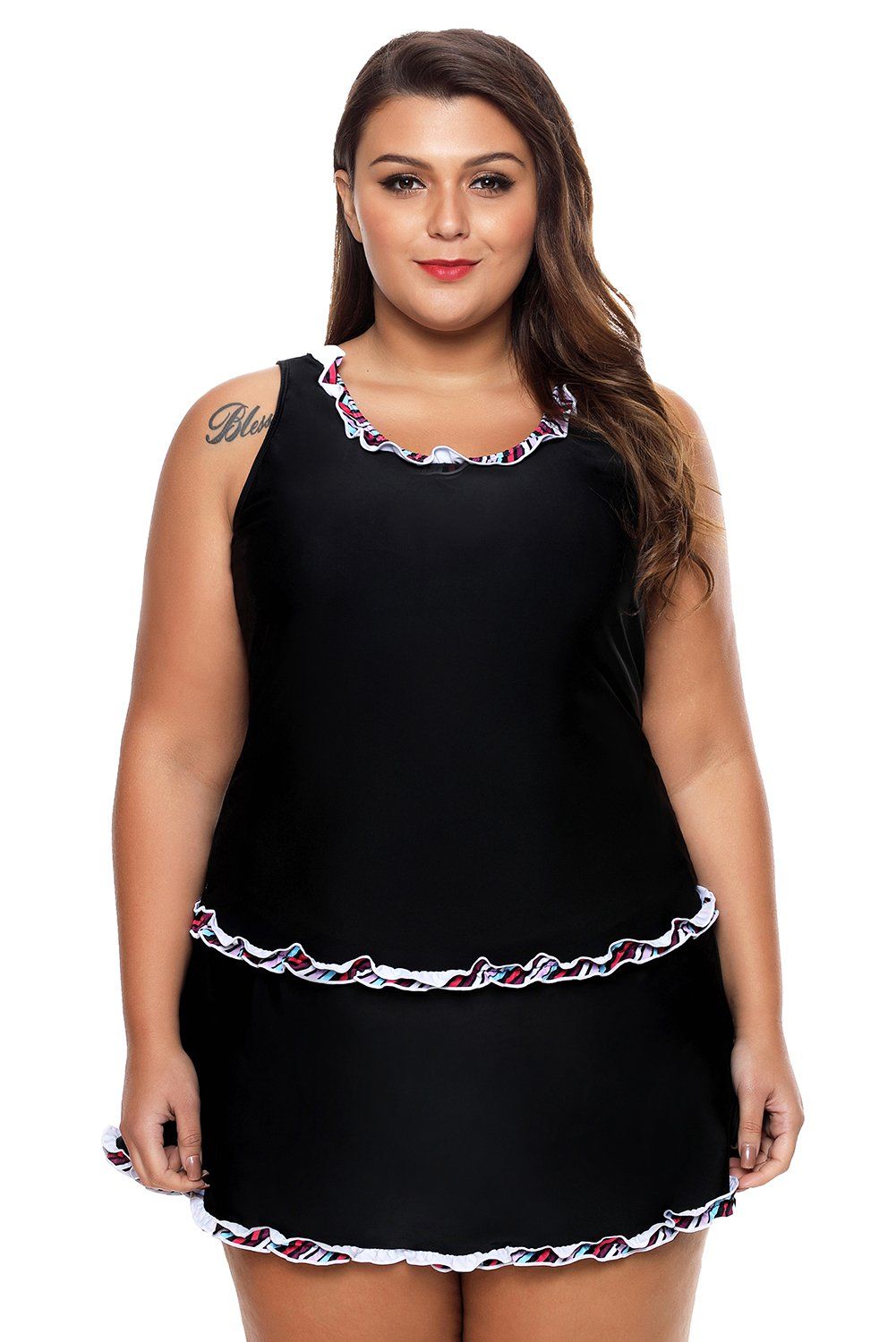 Women Plus Size Black Tankini Swimsuit Tank with Ruffle Trim Swim Skir –  KaleaBoutique