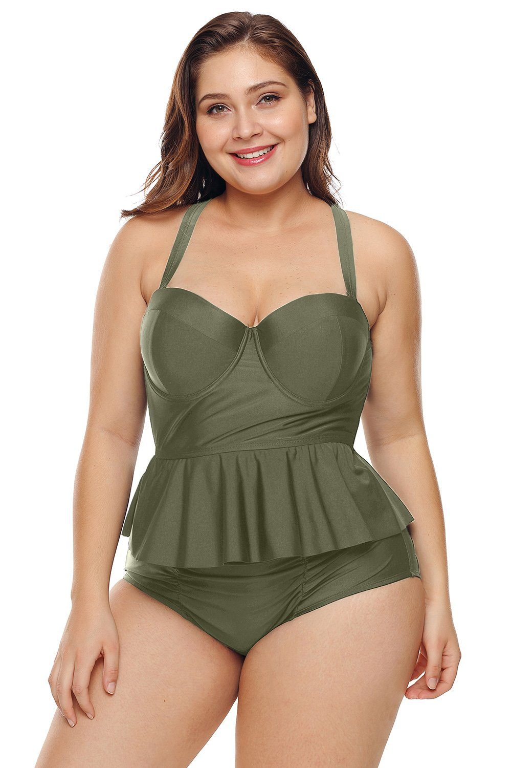 Women Plus Size Olive Green Peplum Waist Tankini Piece Se – KaleaBoutique