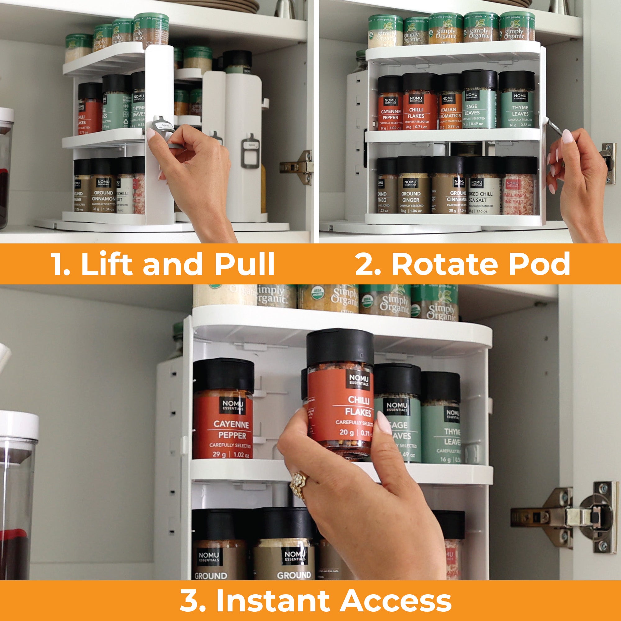 Cabinet Caddy Snap! Sliding Spice Rack Organizer for Cabinet, Just Pull & Rotate, 3 Snap-In Shelves Adjust for 5 Levels of Storage, Magnetic Modular