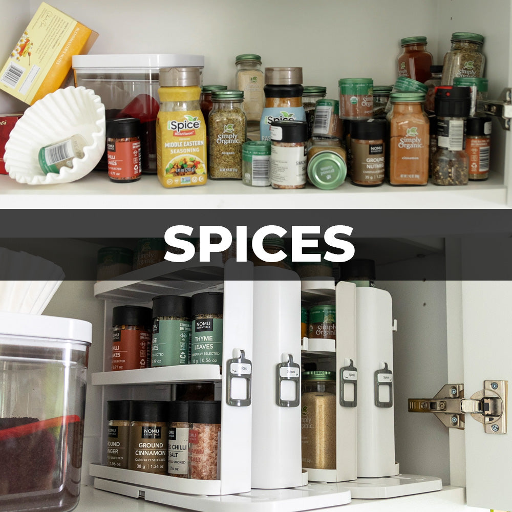 Cabinet Caddy Snap! Sliding Spice Rack Organizer for Cabinet, Just Pull & Rotate, 3 Snap-In Shelves Adjust for 5 Levels of Storage, Magnetic Modular