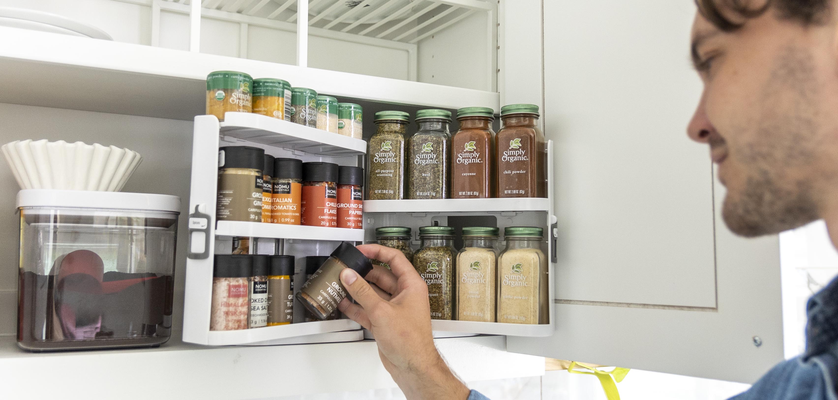 Cabinet Caddy Snap! Sliding Spice Rack Organizer for Cabinet, Just Pull & Rotate, 3 Snap-In Shelves Adjust for 5 Levels of Storage, Magnetic Modular