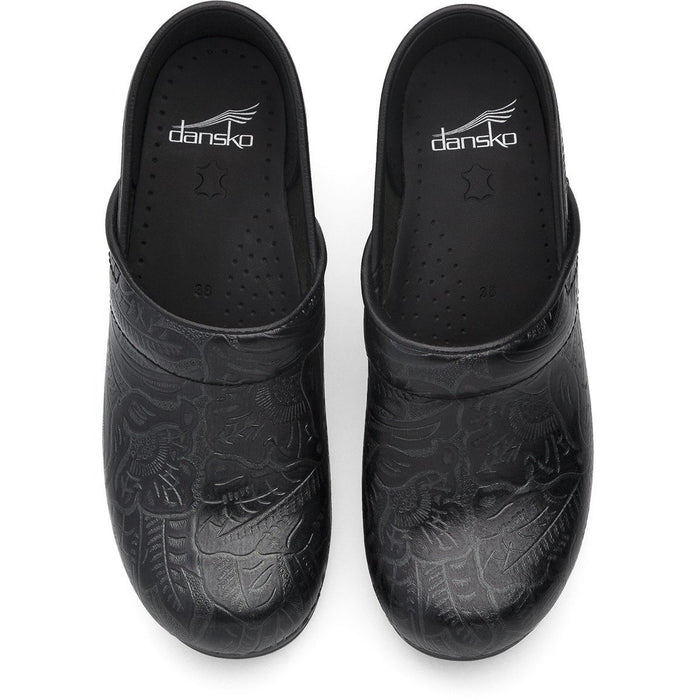 dansko black tooled leather clogs