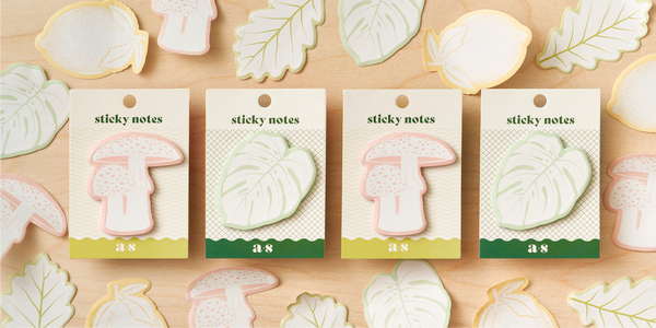 botanical sticky notes and sticker sheets in mushroom and monstera shape