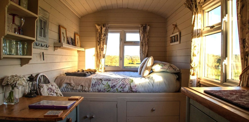 Storage & Space Saving Ideas in a beautiful Tiny Home bedroom, at Estilo Living.