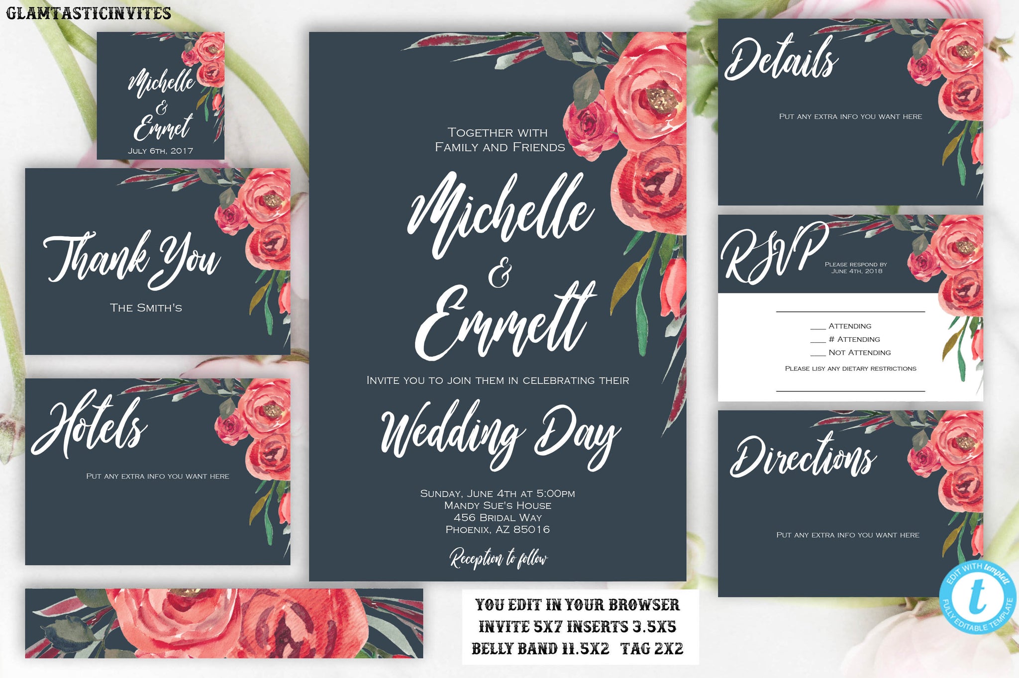Wedding Invitation With Red Roses Vector Free Download