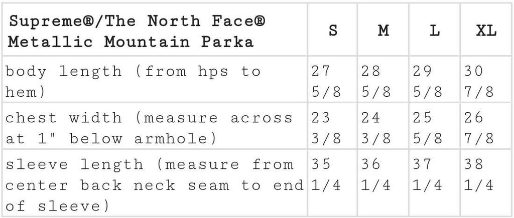 supreme north face size chart