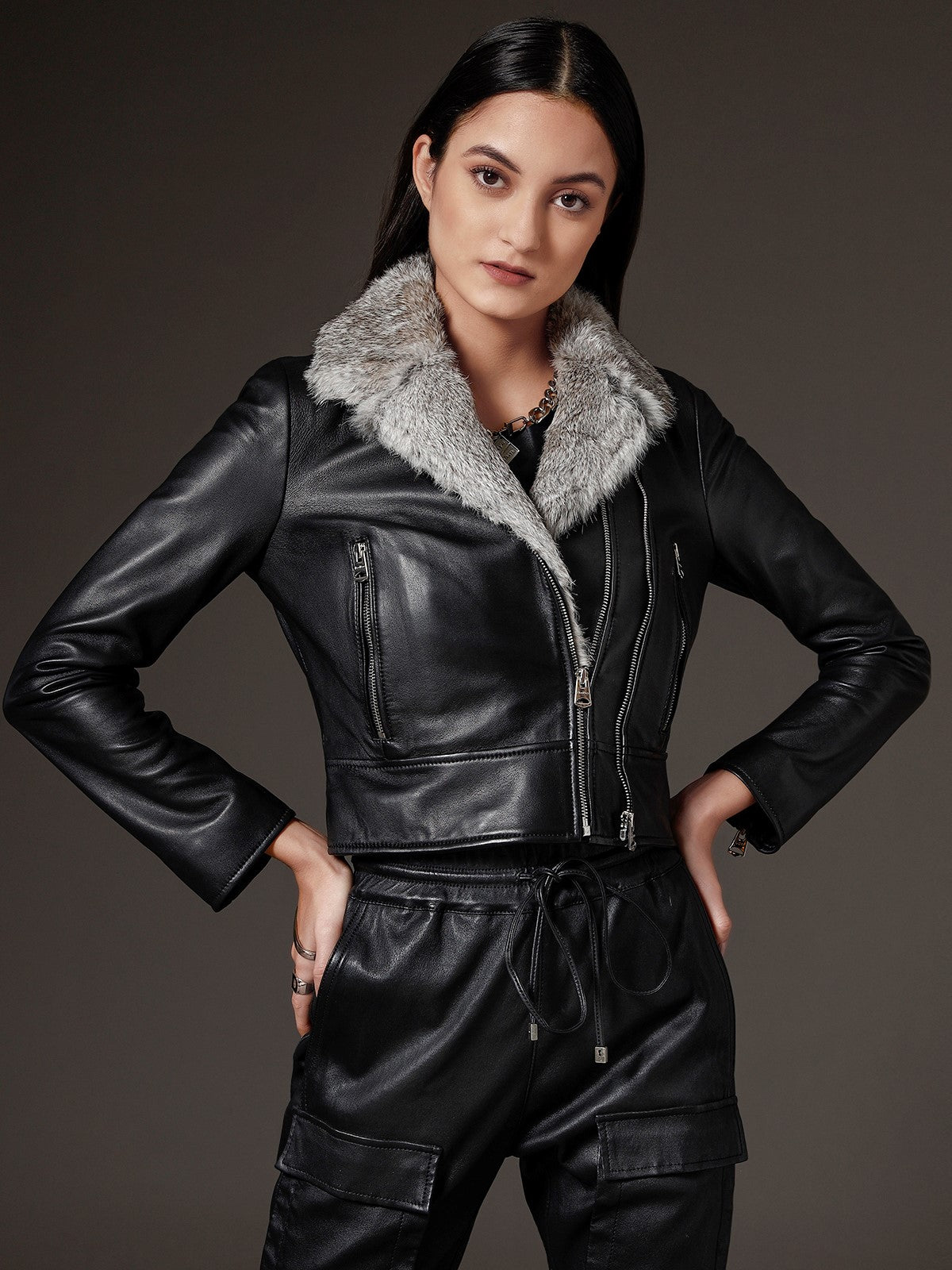 Fur Trim Monica Leather Biker Jacket