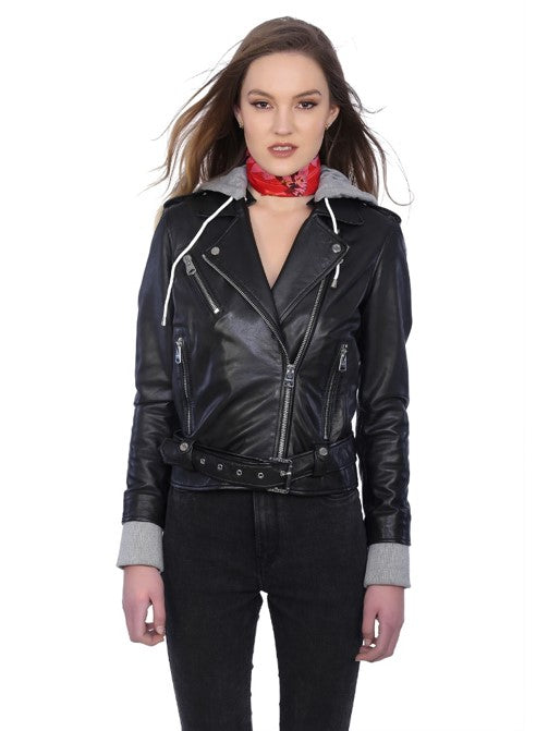 Women's Debbie Hooded Leather Biker Jacket