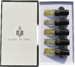5 scents box; citrus samples in glass bottles in a box