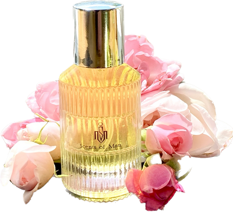 Rosebud perfume surrounded by cream and pink roses