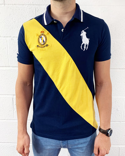blue polo shirt with yellow horse