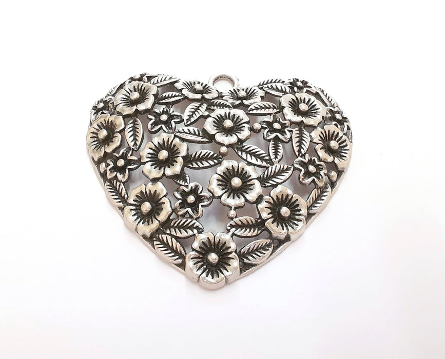 Heart Flower Leaf Pendant Antique Silver Plated Pendant (60x66mm) G20627