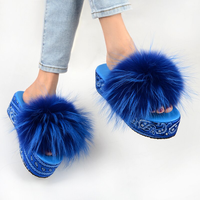 Sandals Women Slippers Platform  Fox Fur Heels Slides  Big Size Fluffy Slides Luxury Designer Brand Wholesale Vendor