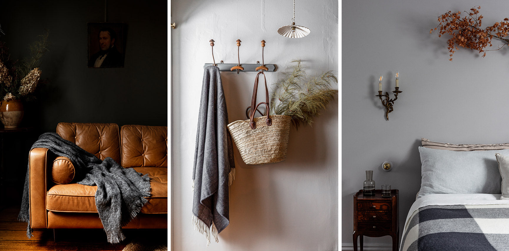 Three images showcasing Waverley Mills throws on a sofa, hanging on a hook and on a bed.