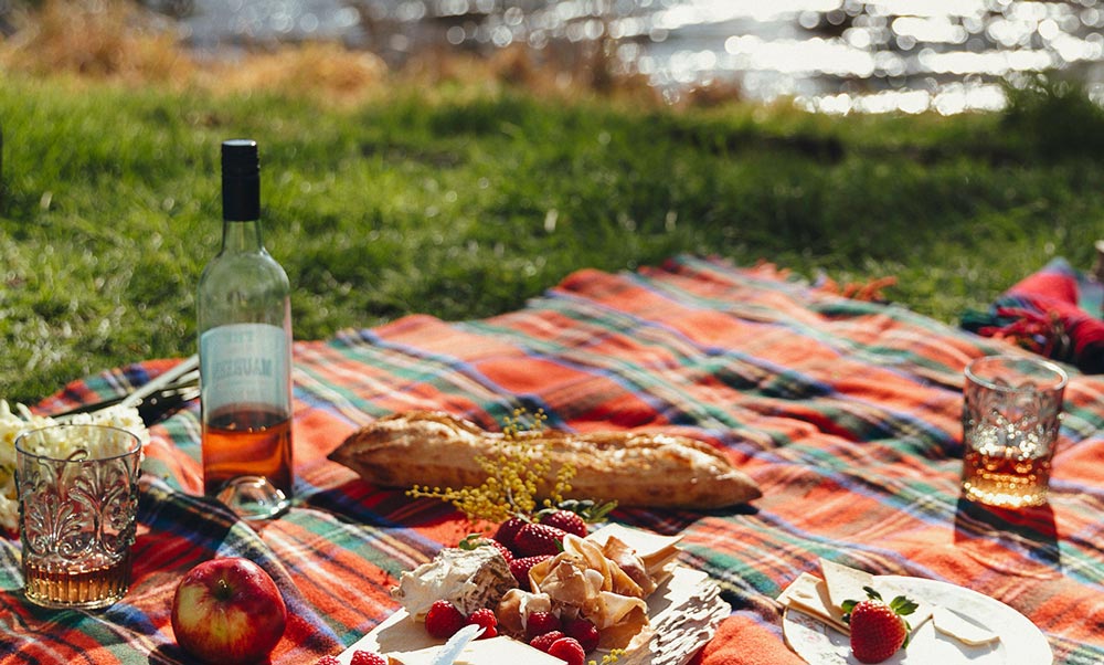 Our traditional tartan picnic rug laid out in the sunshine.