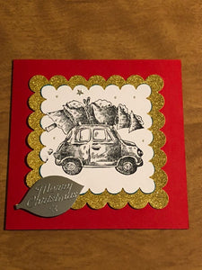 Stamped Car With Christmas Tree on Roof Merry Christmas Card Handmade