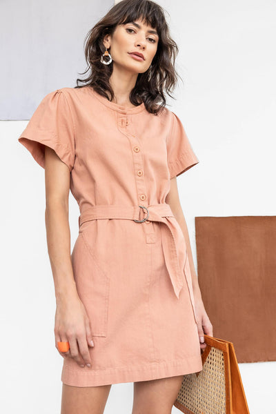 Pocketed Shirred Belted Above the Knee Short Sleeves Sleeves Dress