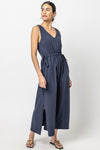 V-neck Knit Sleeveless Drawstring Maxi Dress