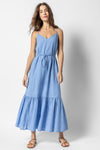 Spaghetti Strap Cotton Tiered Belted Maxi Dress With Ruffles