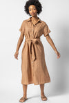 Cotton Summer Tie Waist Waistline Belted Button Front Pocketed Shirt Maxi Dress