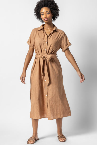 Button Front Belted Pocketed Summer Cotton Tie Waist Waistline Shirt Maxi Dress