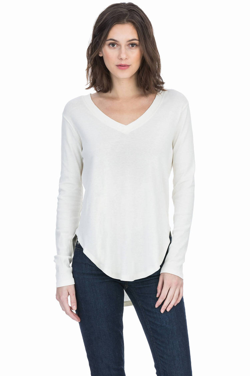 Fine Rib Long Sleeve V-Neck Tee | 100% Cotton | Soft V-Neck T Shirt