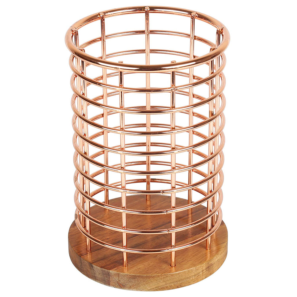 Deluxe Acacia Wood and Wire Utensil Tool Holder with Copper Finish, NA