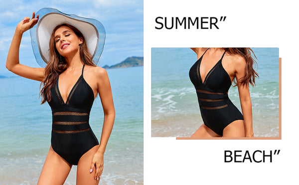 Sexy Halter Plunge V Neck Hollow Out One Piece Swimsuit