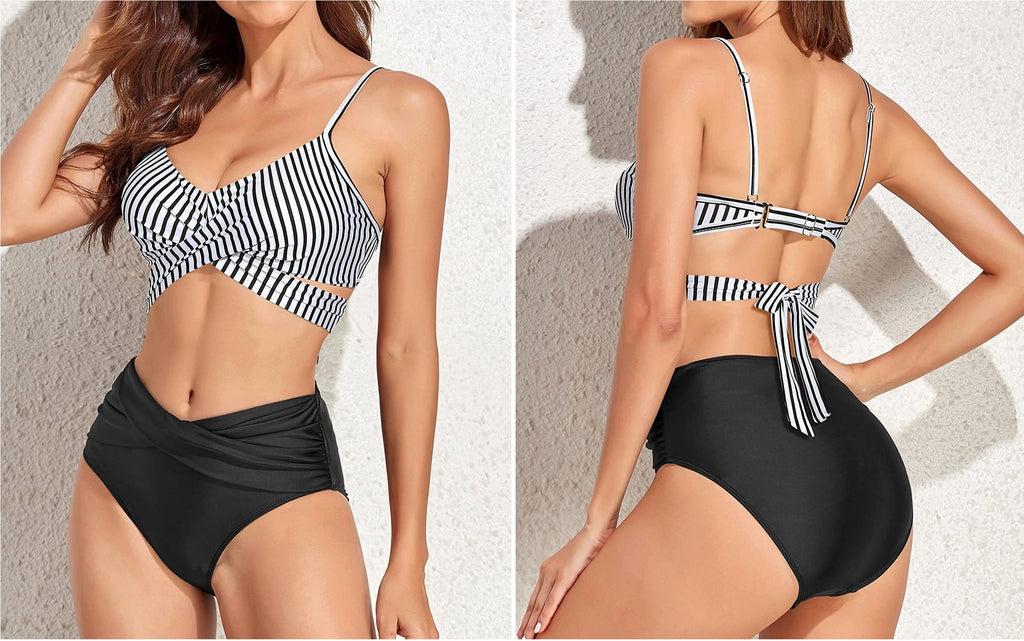 Two Piece Wrap Push Up High Waisted Twist Front Bikini Set-Black And White Stripe