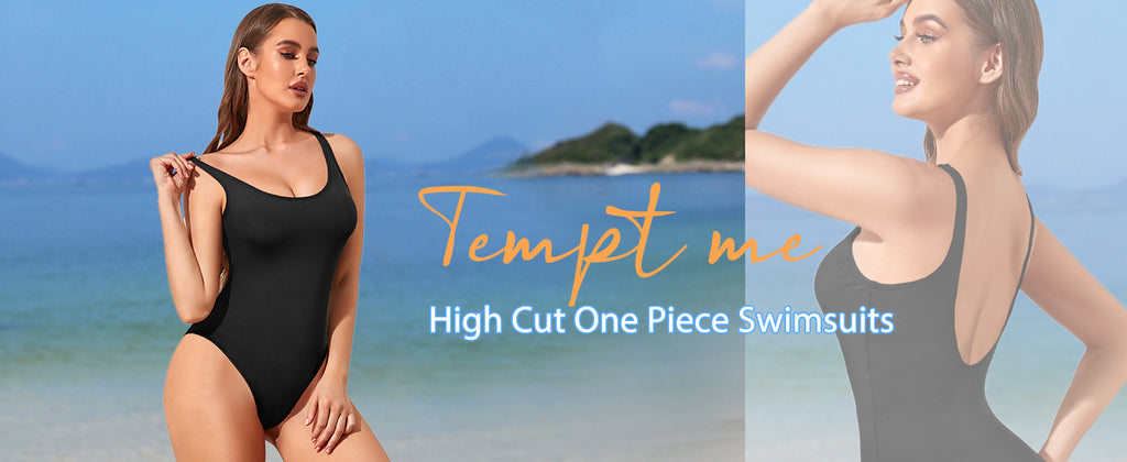 High Cut Tummy Control Low Back Scoop Neck Retro 80S One Piece Swimsuit-Black