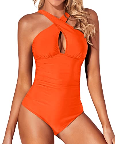 Orange Square Neck Pleated Swimsuit with Tummy Control by