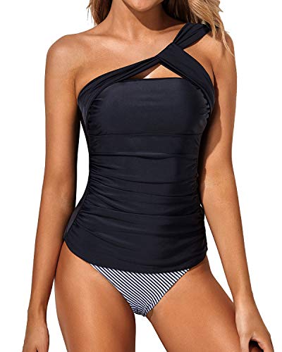 Black Ribbed Mid Length Tankini Top with Adjustable Bra Straps - Sunnyside  Swimwear