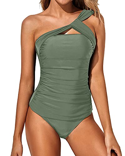 TOWED22 Women One Shoulder One Piece Swimsuit Tummy Control Bathing Suits  Modest Full Coverage Keyhole Swimwear(Green,S) 
