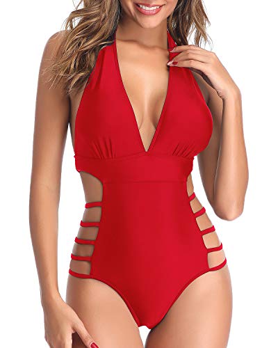 Women Sexy One Piece Swimsuits Halter Plunge V Neck Cutout Bathing