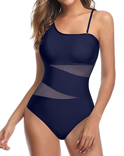 kpoplk Tummy Control Swimsuits For Women,Women One Piece Swimsuit One  Shoulder Wide Straps Middle Cut Mesh Bathing Suit(Blue,XXL)