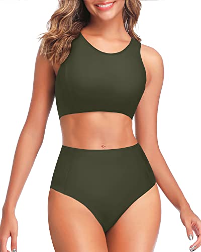 2 Piece Trendy Deep V Neck High Waisted Bikini Sets For Women-Army