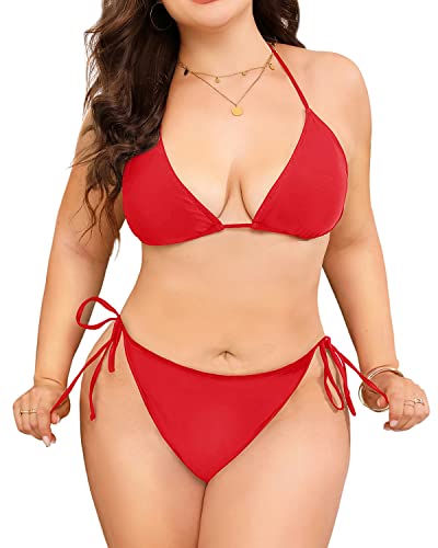 Bathing Suit Small Bust Women's Bikini Set Solid Color Sexy Triangle  Swimsuit Lace Up Two Piece Plus Size Guard (Red, M)