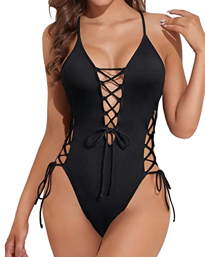 Black Lace Up Halter Plunging Cutout Strappy One Piece Swimsuit