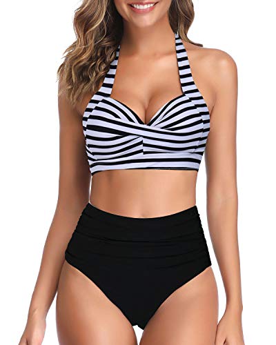 Two Piece Halter Ruched Highwaist Bikini Bathing Suit-Blue White Strip –  Tempt Me