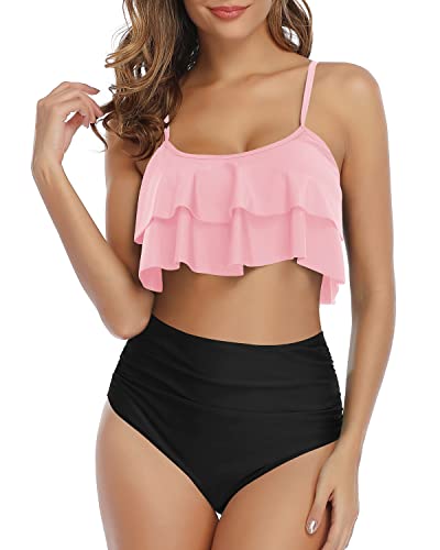 Pink Ruffle Bandeau Bikini Set Swimsuit (Cute)