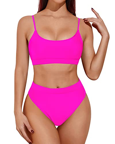 Two Piece High Waisted Bikini Sporty Scoop Neck Swimsuits-Light Pink –  Tempt Me