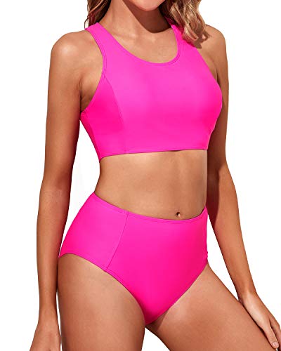 Two Piece Full Coverage Bottom Sporty High Waisted Bikini Set-Neon Pin –  Tempt Me